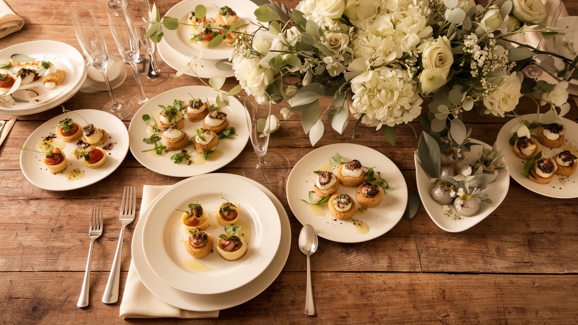 Elegant catering table spread with canapés and white florals